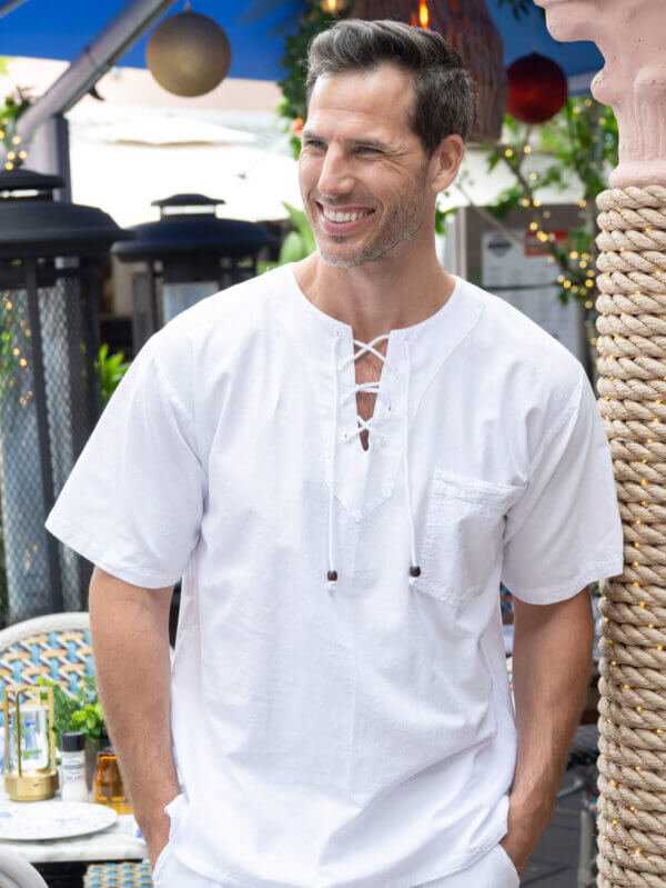 Man in white shirt with drawstrings