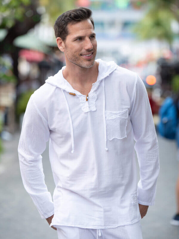 Man in long sleeve white hoodie with drawstrings