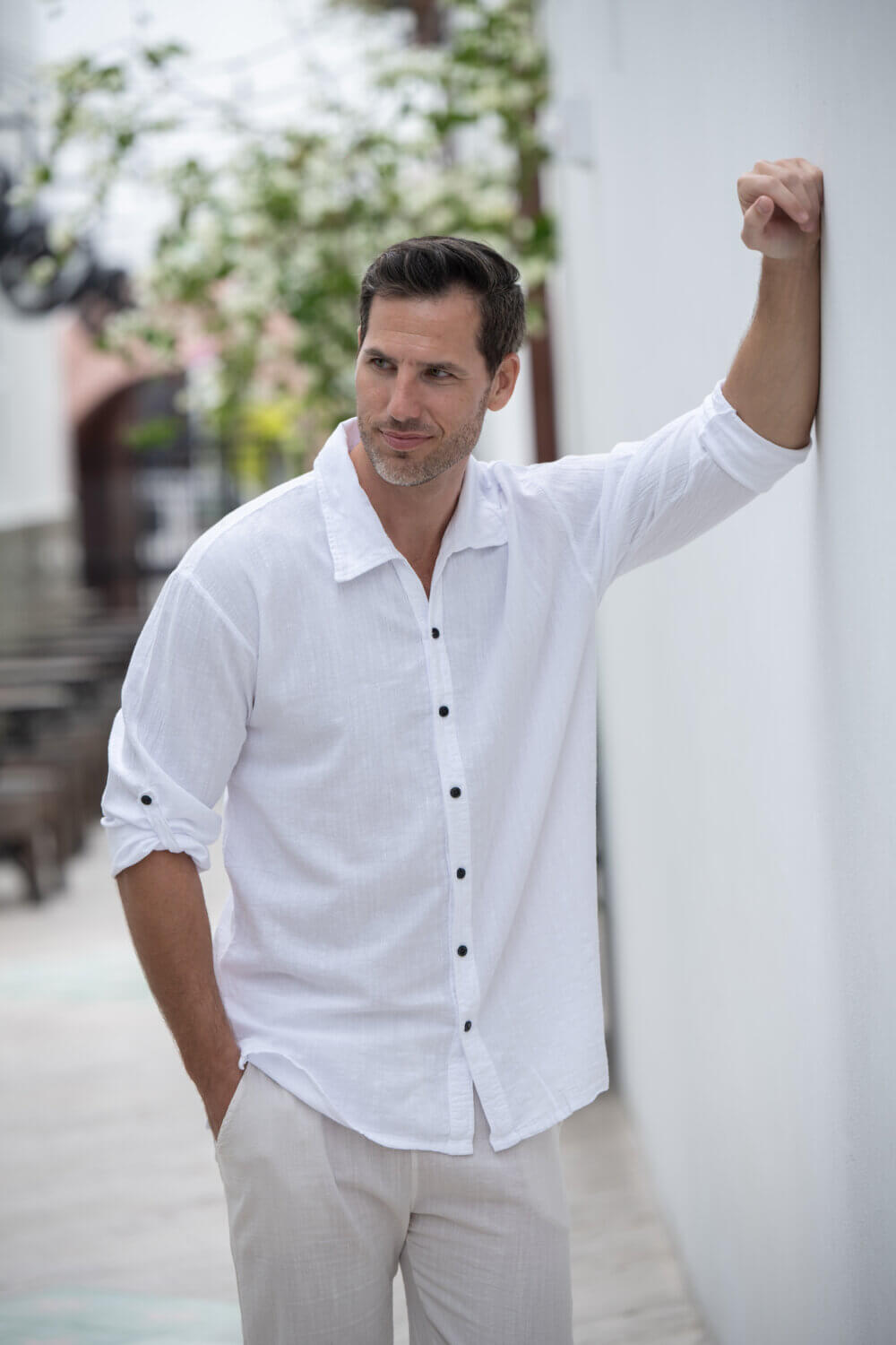 Man in long sleeve white shirt button down