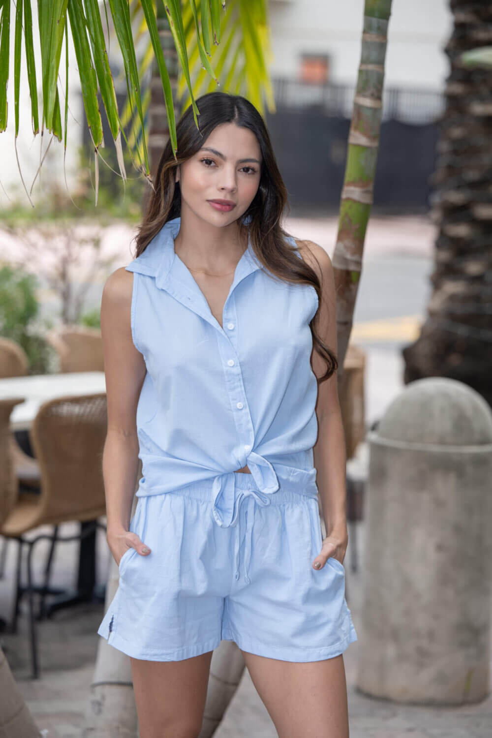 Women in sky blue shorts