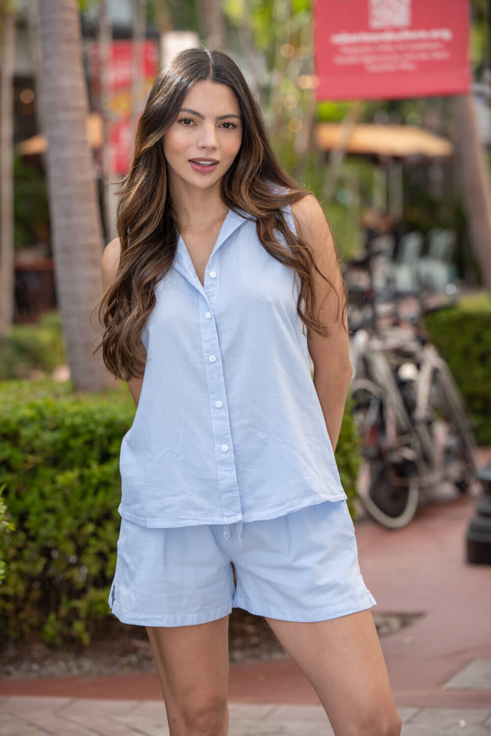 Women in sky blue top