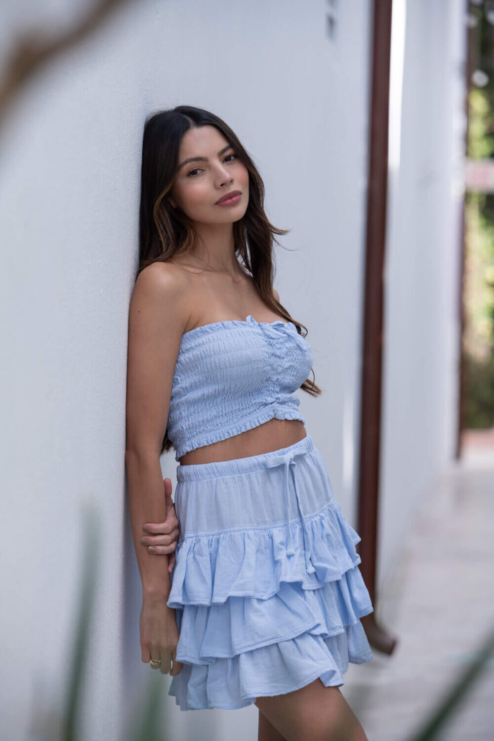 women in blue top